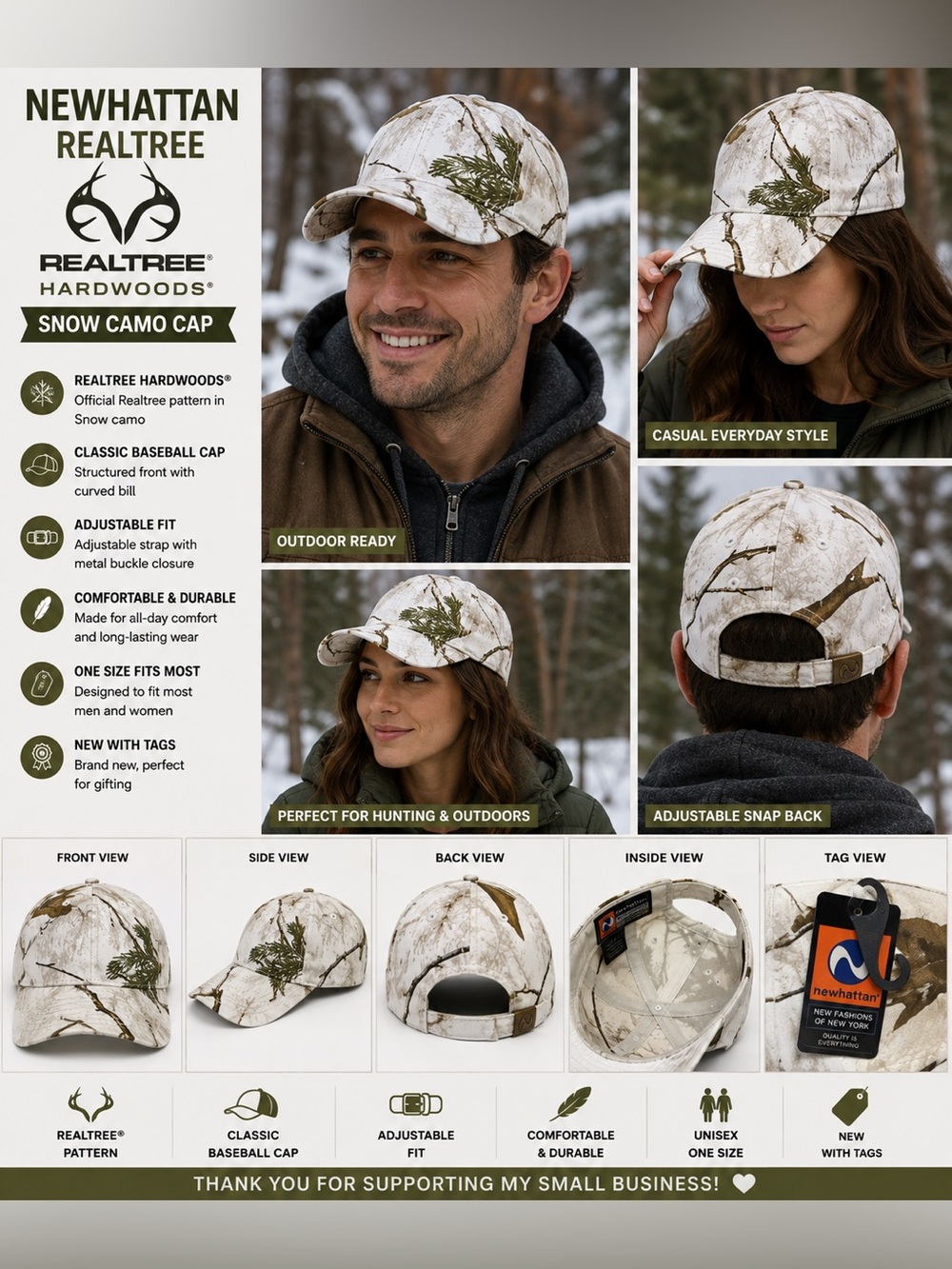 Newhattan Realtree Hardwoods Snow Camo Hunting Baseball Cap Hat NWT One Size